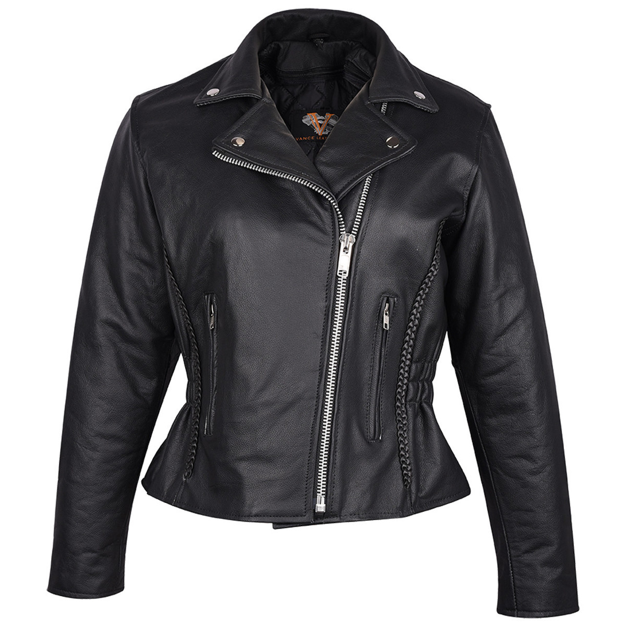 Vance Leather Women's Black Soft Cowhide Braided and Studded Biker  Motorcycle Riding Jacket