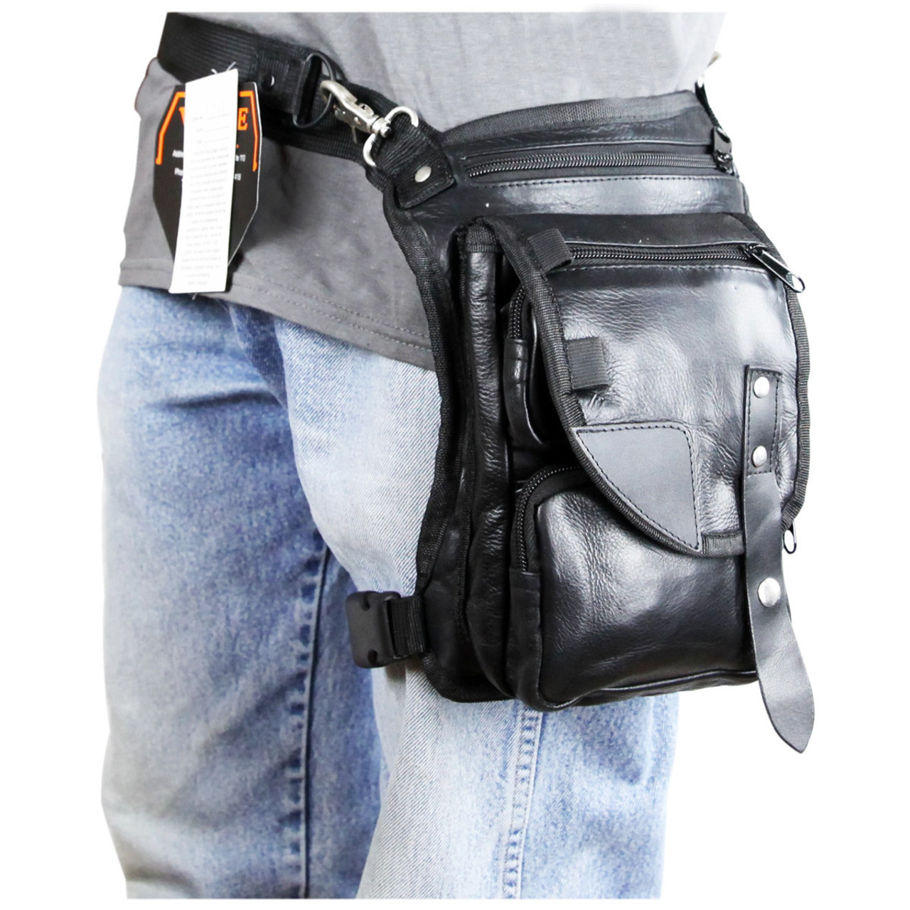 Men Genuine Leather Studded Leg Bag Multi-Function Waist Belt Bag  Motorcycle Drop Leg Bag Phone Pouch Chest Bag