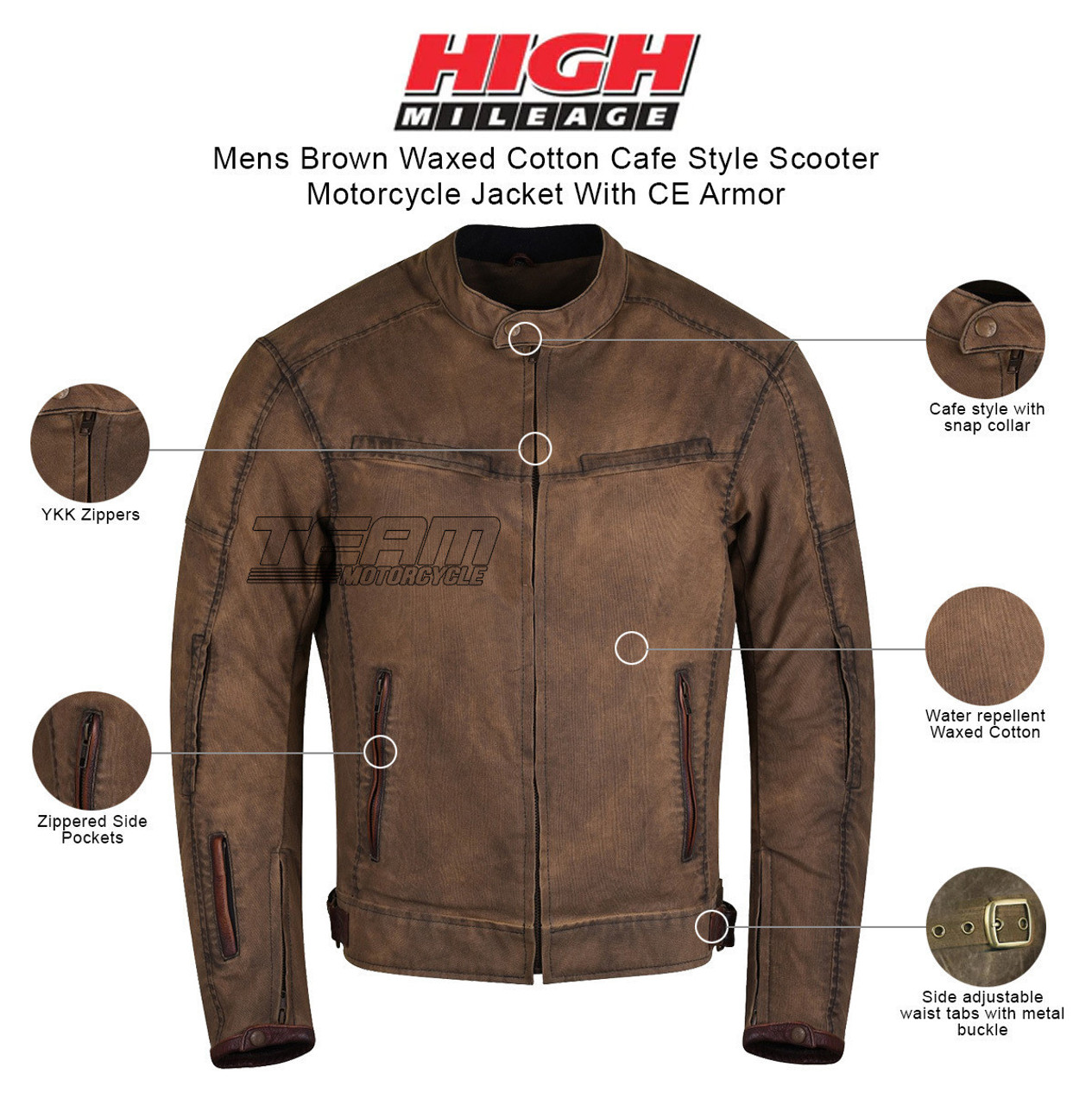 Mens Brown Waxed Cotton Cafe Style Scooter Motorcycle Jacket