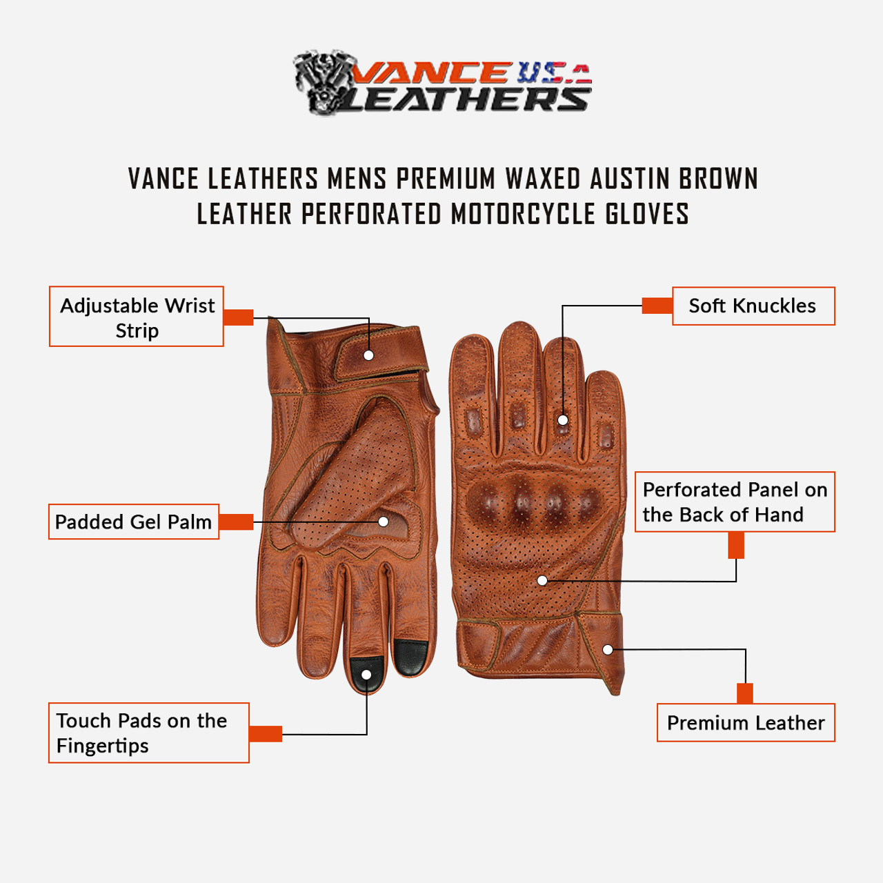 Vance Leathers Mens Premium Waxed Austin Brown Leather Perforated Motorcycle Gloves - Size chart