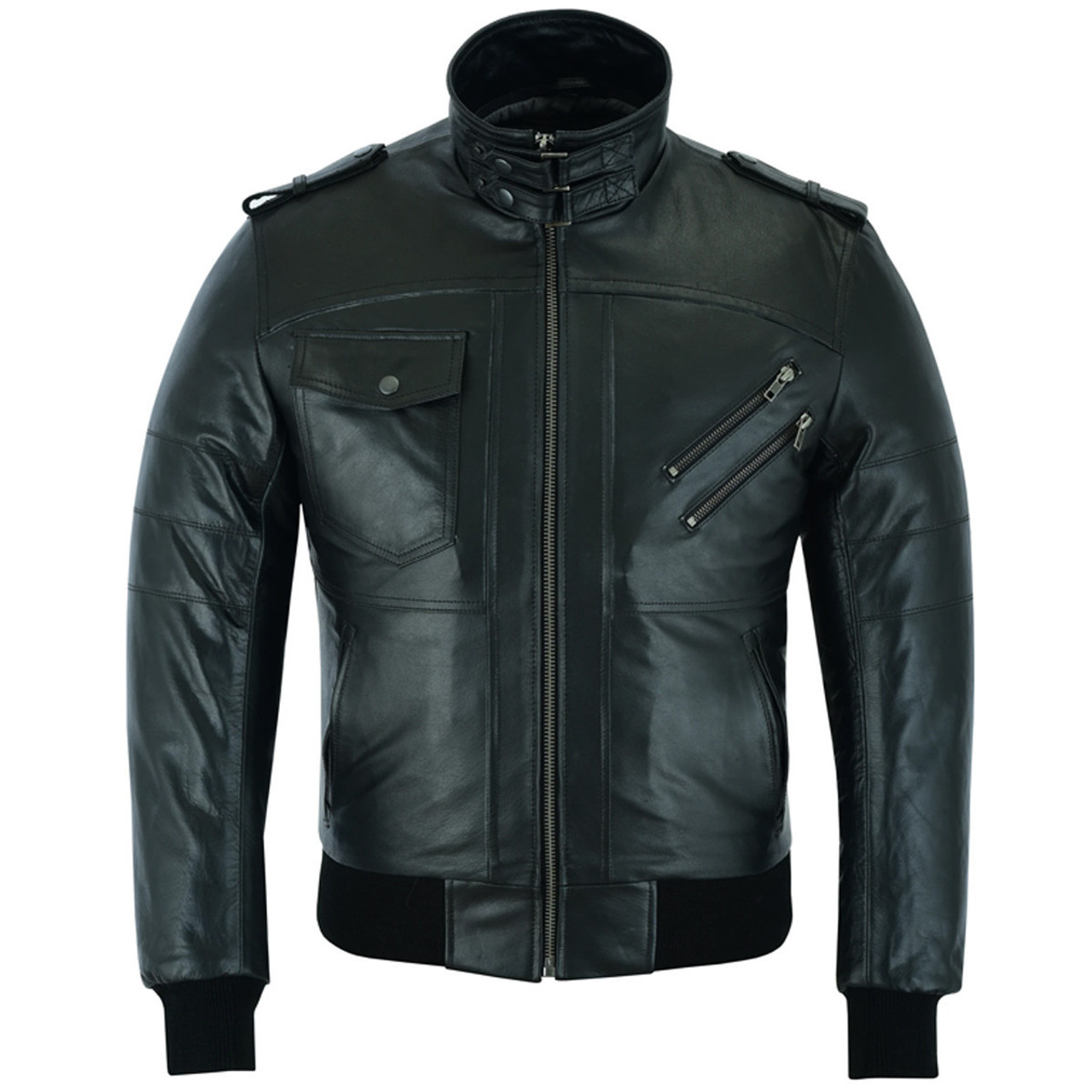 Vance Leather Men's Sven Bomber Black Waxed Lambskin Motorcycle Leather ...