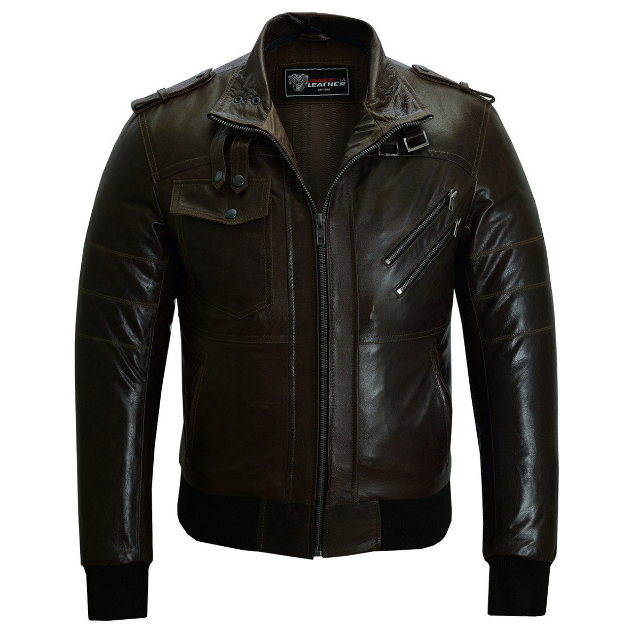 Vance Leather Mens Vincent Brown Waxed Premium Cowhide Motorcycle Leather  Jacket