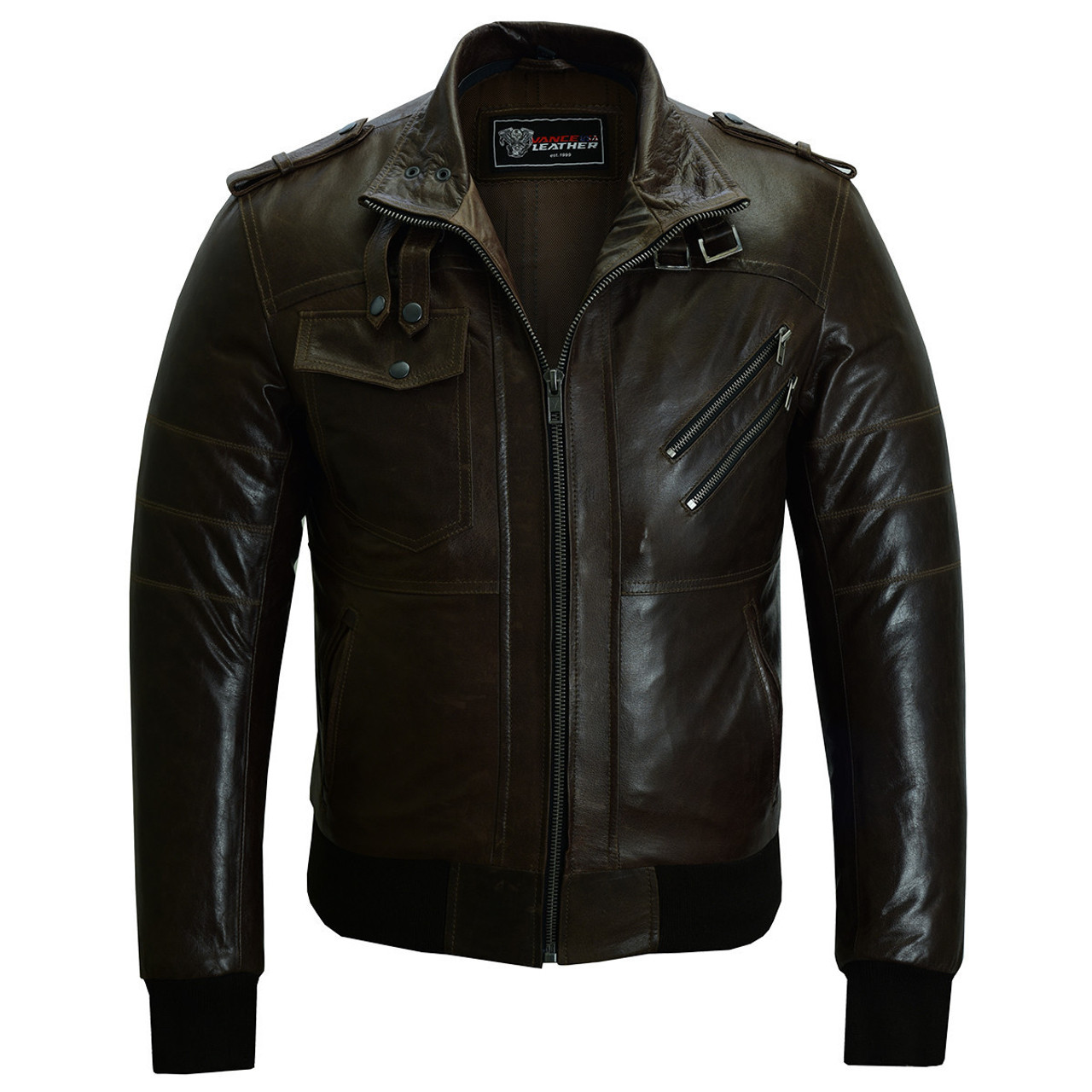 Vance Leather Mens Vincent Brown Waxed Lambskin Motorcycle Leather ...