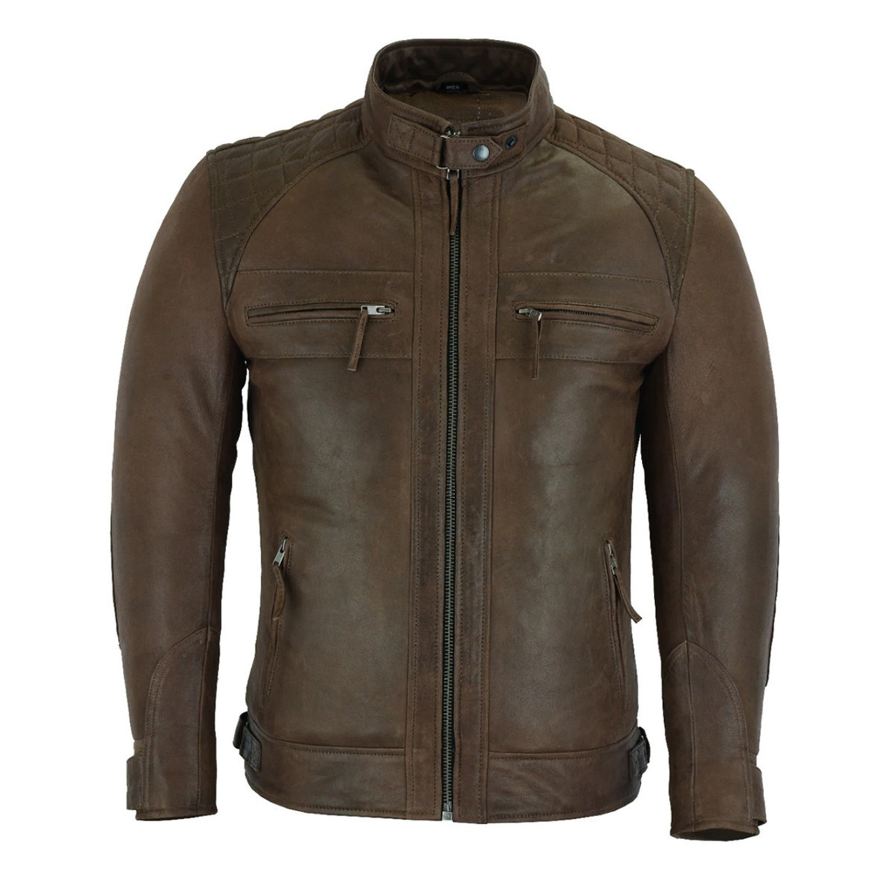 Mens Cafe Racer Waxed Lambskin Chocolate Brown Motorcycle Leather Jacket