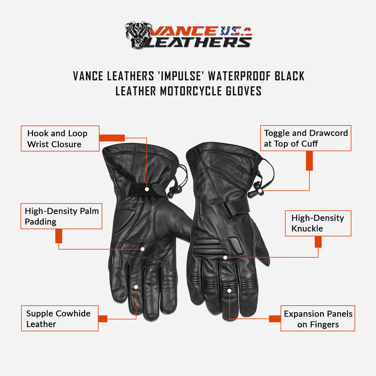Vance Leathers 'Impulse' Waterproof Black Leather Motorcycle Gloves - info