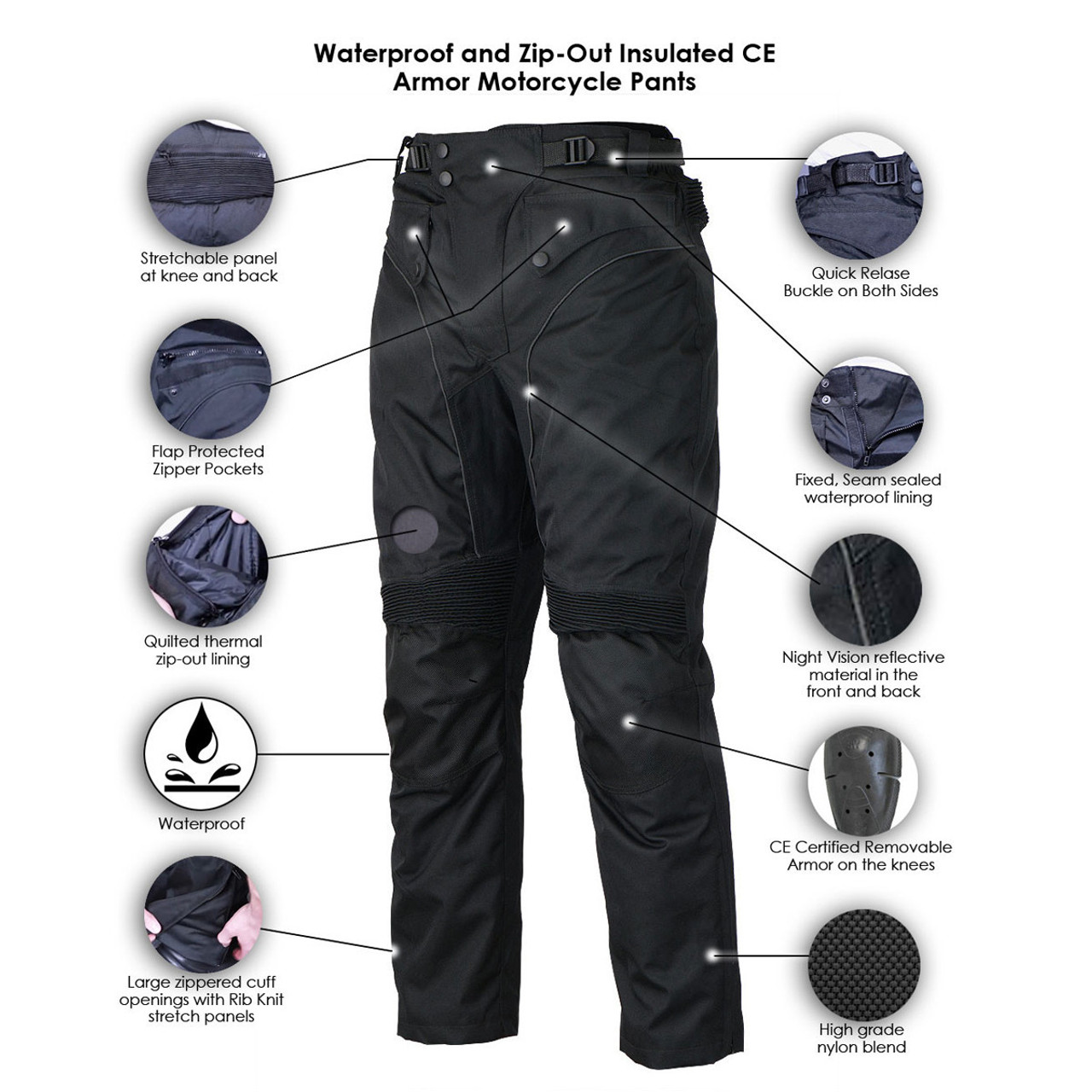 Motorcycle Waterproof Riding Pants Black with Removable CE Armor