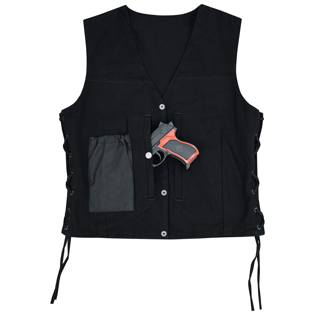 USA Leather Biker Veteran Black Lace Sides 6 Pocket Snap up Vest Patches  Medium