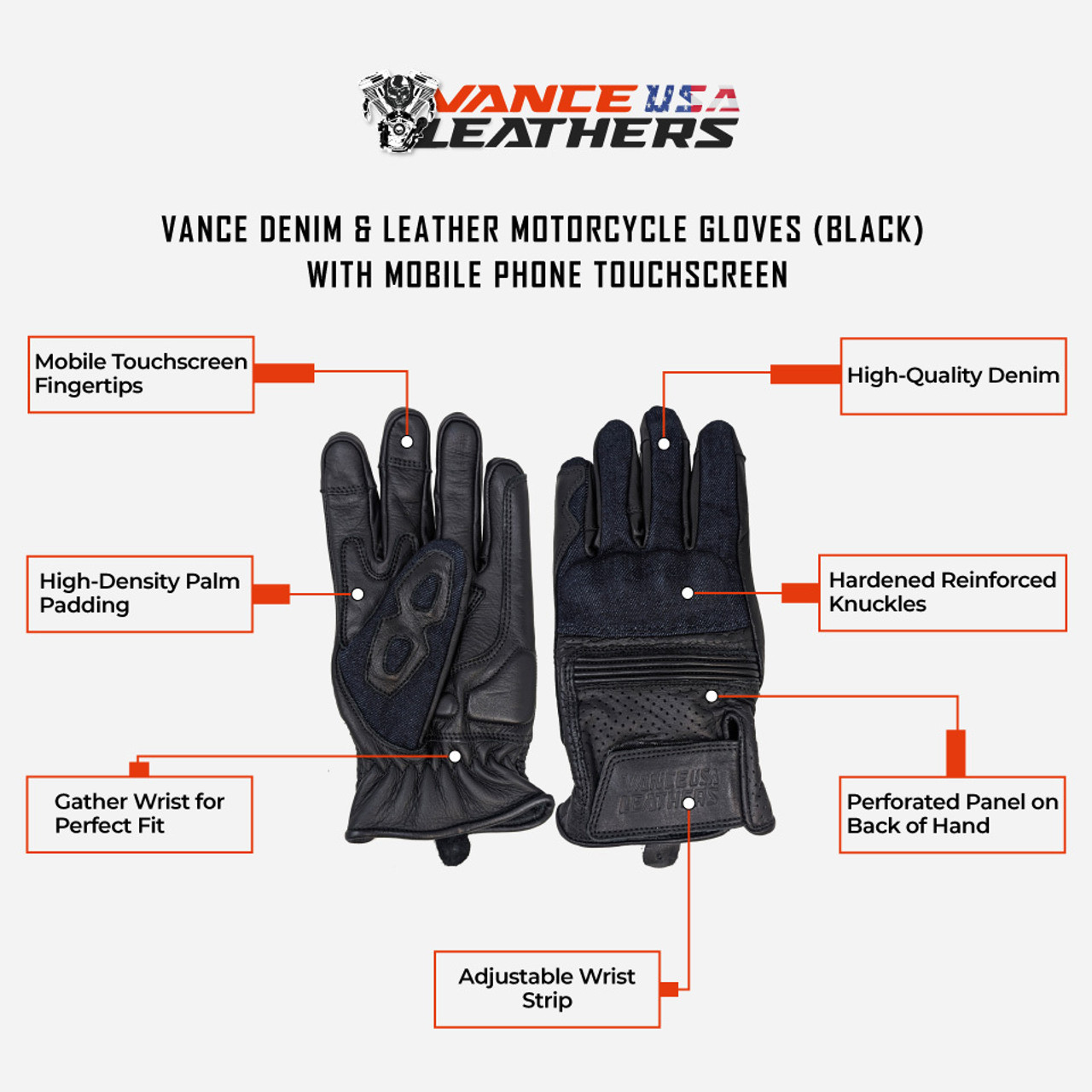 Vance Denim & Leather Motorcycle Gloves (Black) with Mobile Phone Touchscreen - info graphics