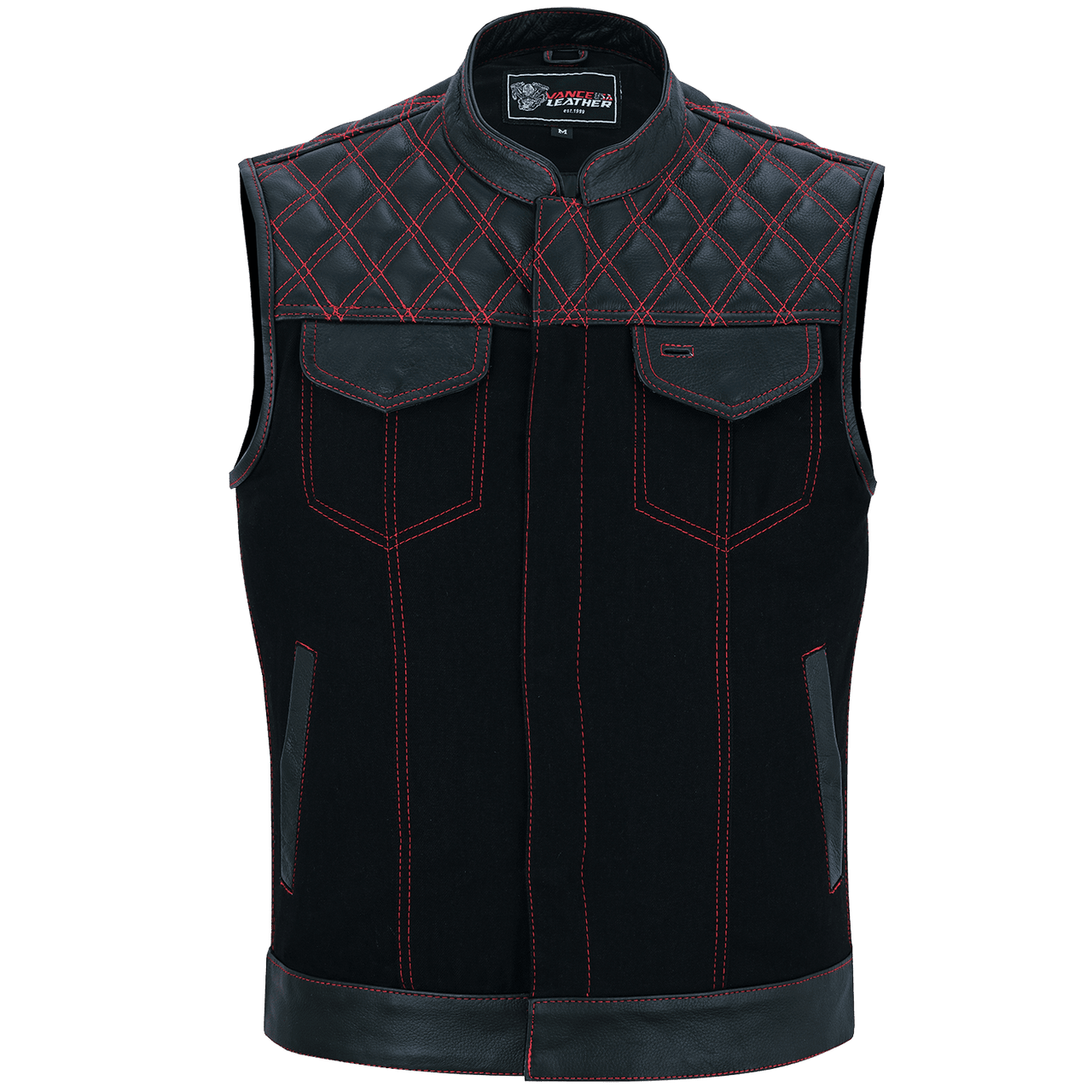 Men's Denim & Leather Motorcycle Vest with Conceal Carry Pockets and Red  Stitching.