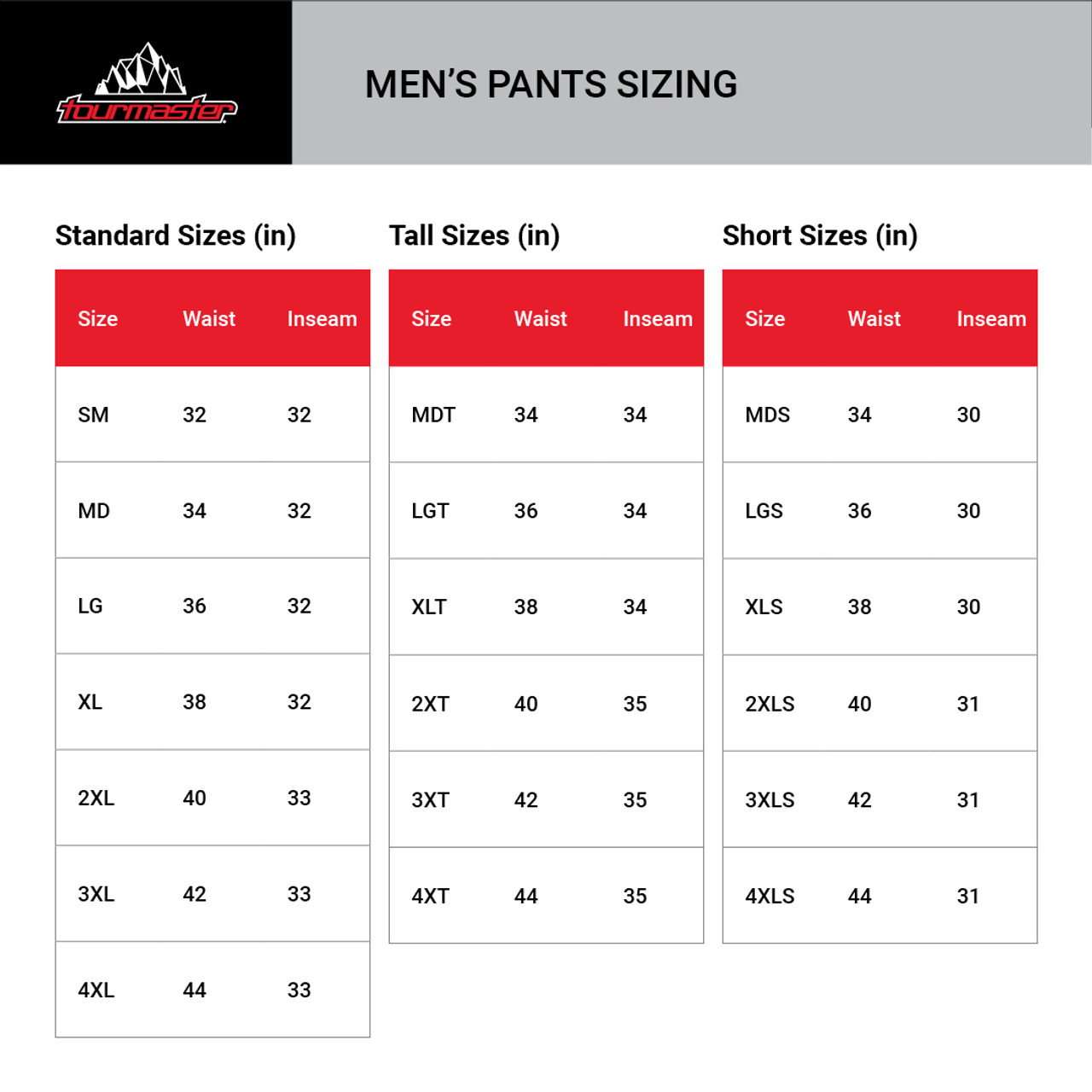 Tour Master Intake Air Motorcycle Pants - size chart