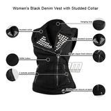 Vance VB1050BK Women's Black Denim Motorcycle Vest With Studded Collar-Infographics