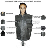 High Mileage HMM914HDG Mens Premium Cowhide Distressed Gray SOA Style Biker Club Leather Motorcycle Vest With Hoodie - Infographics