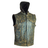 High Mileage HMM914HDB Mens Premium Cowhide Distressed Brown SOA Style Biker Club Leather Motorcycle Vest With Hoodie - Side View