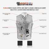 Vance VL914S Men's Black Zipper and Snap Closure Concealed Carry SOA Style Leather Biker Motorcycle Vest - Infographics