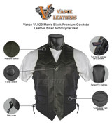 Vance VL923 Men's Black Premium Cowhide Leather Biker Motorcycle Vest - Infographics