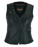 High-Mileage-Womens-Black-Premium-Cowhide-Biker-Motorcycle-Leather-Vest-Buckles-front-view