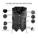 High Mileage HML1040 Womens Black Premium Cowhide Lace Side Biker Leather Vest