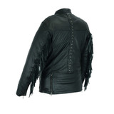 High Mileage HML704B Women's Fringe and Rivet Detail Premium Lightweight Black Leather Lady Biker Motorcycle Fashion Jacket - Rear View