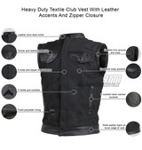 Vance VL1914L Mens Black Front Zipper and Snap Closure SOA Club Style Leather Trimmed Textile Motorcycle Vest - Infographics