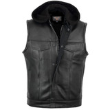 Vance VL914H Mens Black Premium Cowhide Leather Motorcycle Biker SOA Style Club Vest with Hoodie