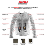 High Mileage HMM542DB Men's Distressed Brown Premium Cowhide Vented and Padded Biker Scooter Jacket - Infographics