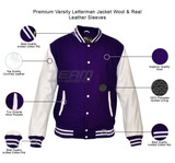 Mens MJ590 Wool with Real Leather Premium Varsity Letterman Jacket - Infographics