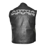 Vance VL935 Men's Black Reflective Skull Premium Cowhide Leather Biker Motorcycle Vest - Back View