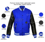 Mens MJ591 Lightweight Wool with Real Leather Premium Varsity Letterman Jacket - Infographics