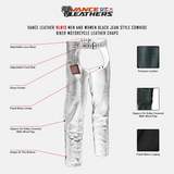 Vance Leather VL813 Men and Women Black Jean Style Cowhide Biker Motorcycle Leather Chaps- Infographics