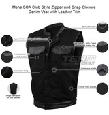 Jafrum MV116 Men's Black SOA Club Style Zipper and Snap Closure Denim Motorcycle Vest With Leather Trim - Infographics