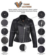 Vance Leather VL615S Women's Black Leather Braided and Studded Biker Motorcycle Riding Jacket - Infographics