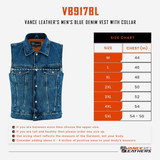 Vance VB917BL Mens Blue Jean Style Denim Motorcycle Vest-size-chart