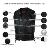 Vance MV112 Mens Black Straight Bottom Buffalo Nickel Snaps Motorcycle Leather Vest - Infographics