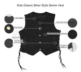KV742 Kids Childrens Boys Girls Biker Motorcycle Style Black or Blue Denim Vest - Infographics