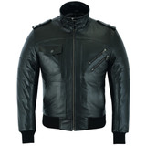 Vance Leather VL551B Men's Sven Bomber Black Waxed Premium Cowhide Motorcycle Leather Jacket with Removeable Hood  - main
