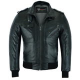 Vance Leather VL551B Men's Sven Bomber Black Waxed Premium Cowhide Motorcycle Leather Jacket with Removeable Hood  - front