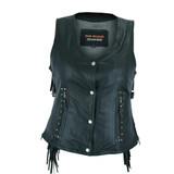 High Mileage HML1104B Ladies Premium Black Vest with Fringes and Rivets - Front View