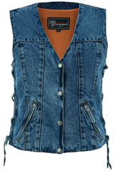 Womens-Blue-Denim-V-Neck-Vest-Snap-opening-side-laces-front