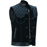 Vance-Leathers-VB924BL-Men's-Denim-Leather-Motorcycle-Vest-with-Blue-Stitching-front-snap-button-zipper