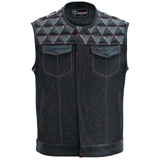 Men's-Denim-Leather-Motorcycle-Vest-with-Conceal-Carry-Pockets-SOA-Biker-Club-Vest-Red-White-Stitching-Front-view