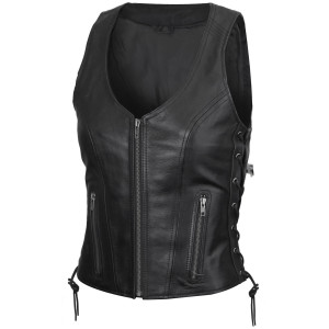 Vance VL1029 Women's Black Lace Side Zipper Pocket Premium Cowhide Leather Biker Motorcycle Vest