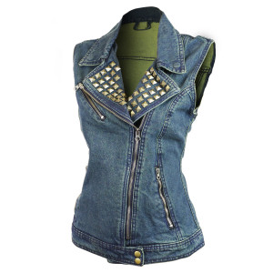 Vance Women's Blue Denim Motorcycle Vest With Studded Collar