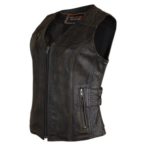 High Mileage HML1037DB Womens Distressed Brown Premium Cowhide Biker Motorcycle Leather Vest With Buckles soide