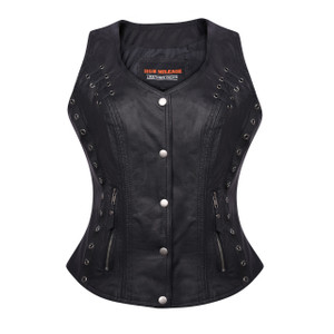 High Mileage HML1038B Womens Black Premium Soft Goatskin Leather Vest With Twill Lace and Grommet Highlights - Front