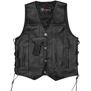 Vance VL907 Mens Black Premium Cowhide Leather Biker Motorcycle Vest with Buffalo Nickel Snaps and Conceal Carry Pocket - Flat