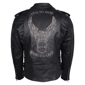 High Mileage Men's Eagle Embossed Live To Ride - Ride To Live Classic Black Leather Motorcycle Biker Jacket - Silver