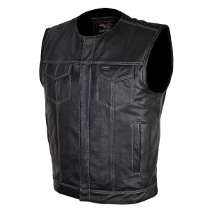 Vance VL919GS Men's Black Premium Cowhide Leather Biker Motorcycle Vest With Quick Access Conceal Carry Pockets and Gray Stitching