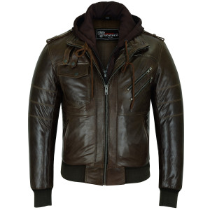 Vance Leather VL551Br Men's Vincent Brown Waxed Lambskin Motorcycle Leather Jacket - Hoody