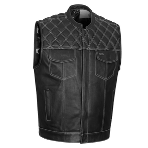 High-Mileage-HMM924W-Mens-Zipper-and-Snap-Closure-Leather-Club-Vest with-American-Flag-Liner-White-Stitching-Main