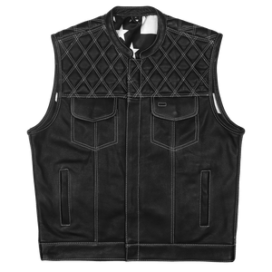 High-Mileage-HMM924W-Mens-Zipper-and-Snap-Closure-Leather-Club-Vest with-American-Flag-Liner-White-Stitching-Front-view